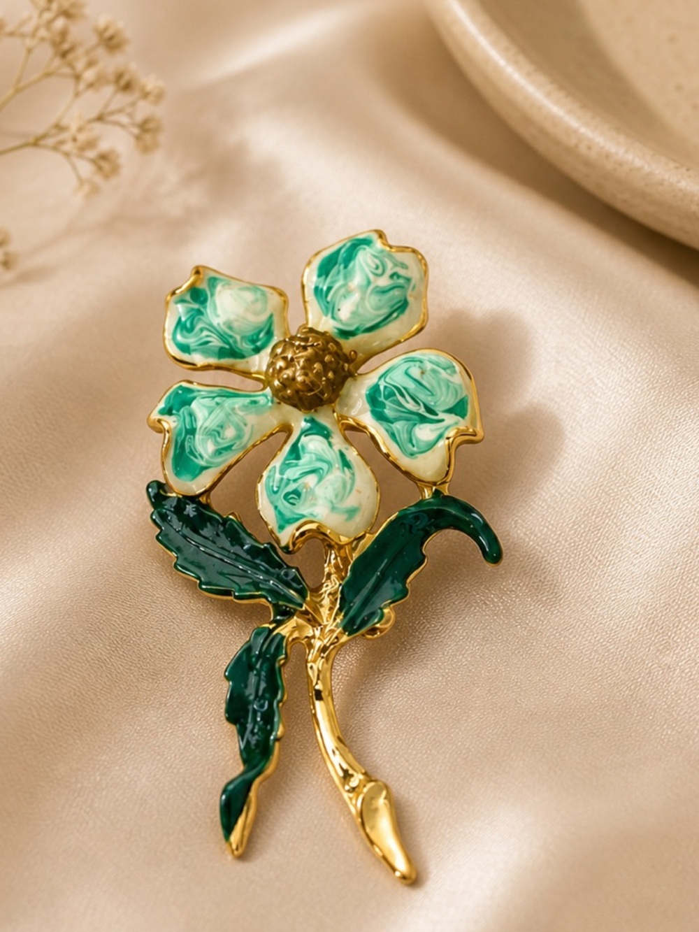Vintage Enamel Flower Brooch Pin Green Gold 1980s New